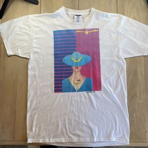 80s Vintage Art Graphic T-shirt Lady with Tropical Drink Artist Signature Size L
